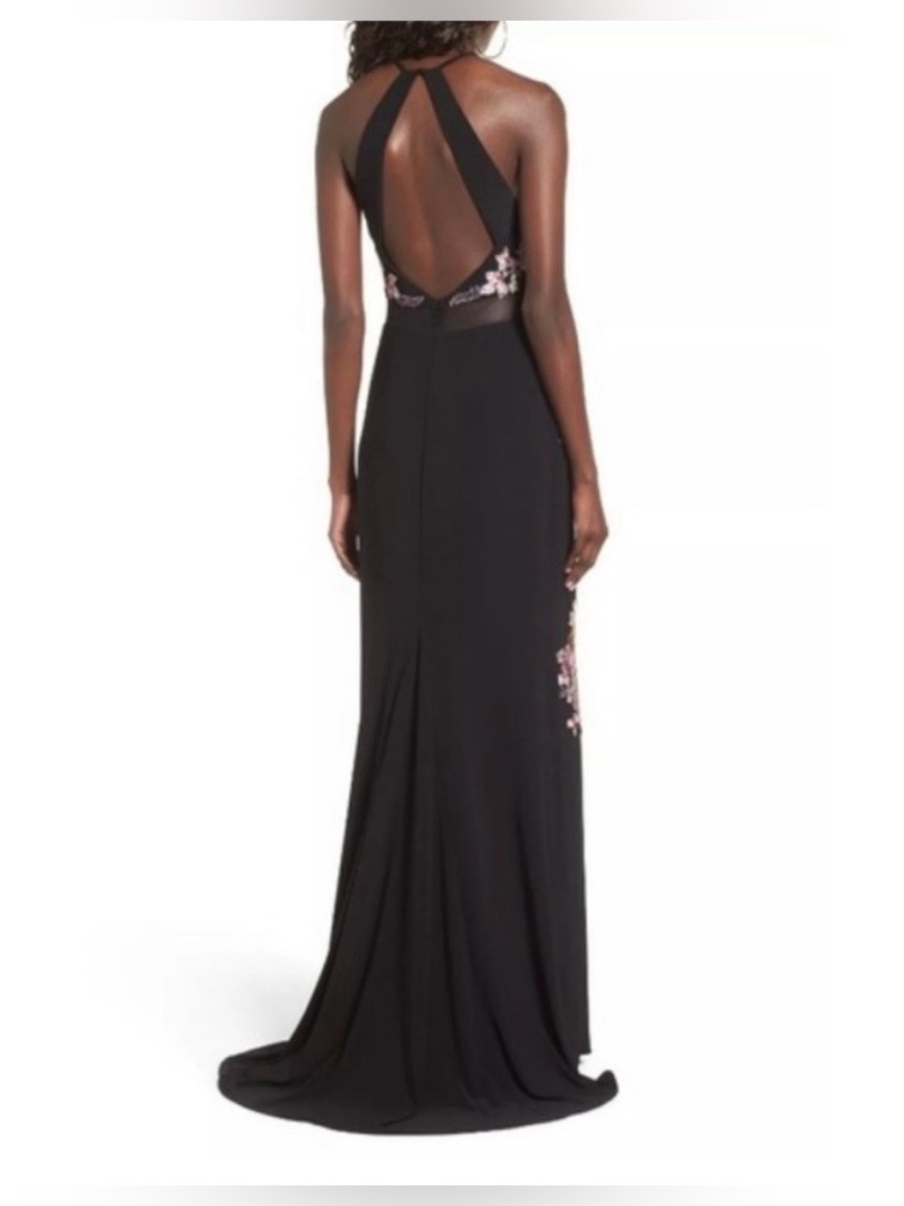 Xscape black halter gown pink and metallic floral embroidery mesh cutouts SZ 10 - Picture 2 of 11